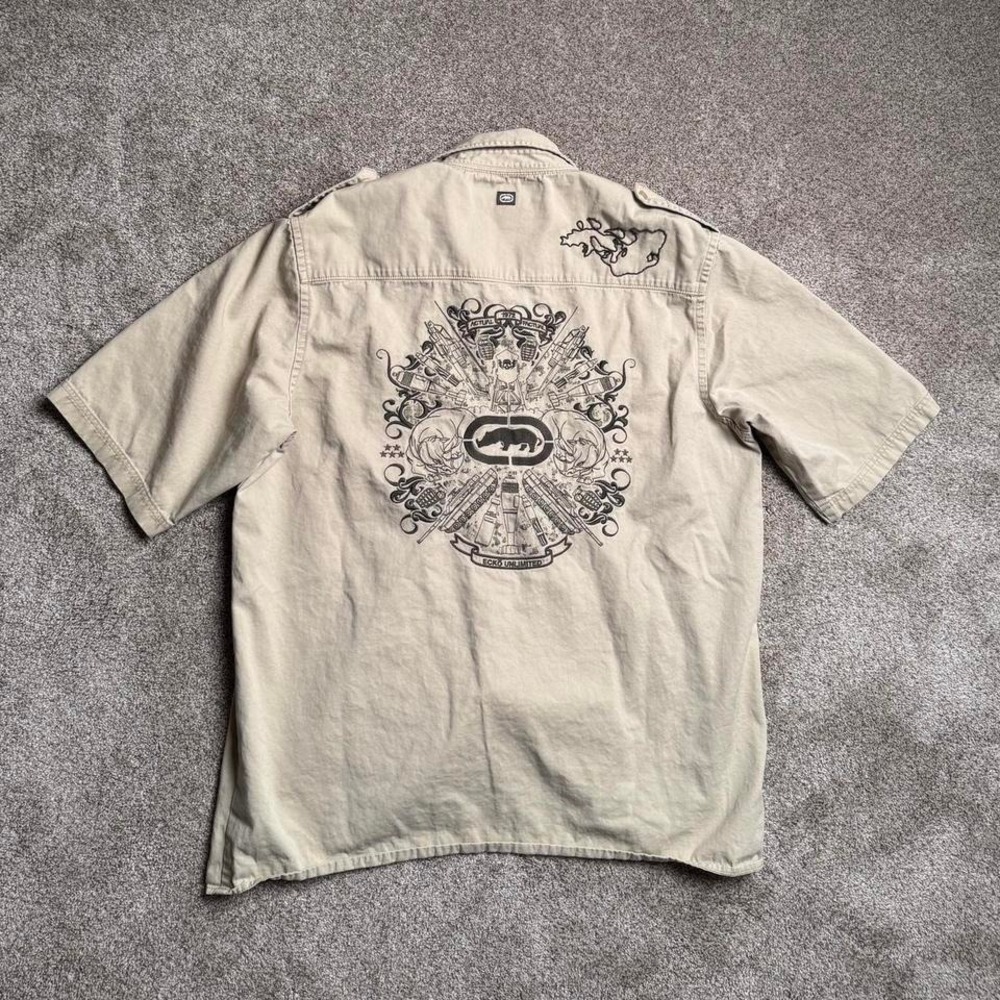 TAN ECKO UNLTD EMBROIDERED SAFARI SHIRT